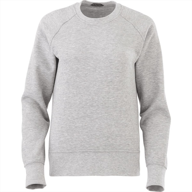 A grey women's fleece crew jumper with long sleeves and a round neckline. It features a small logo.