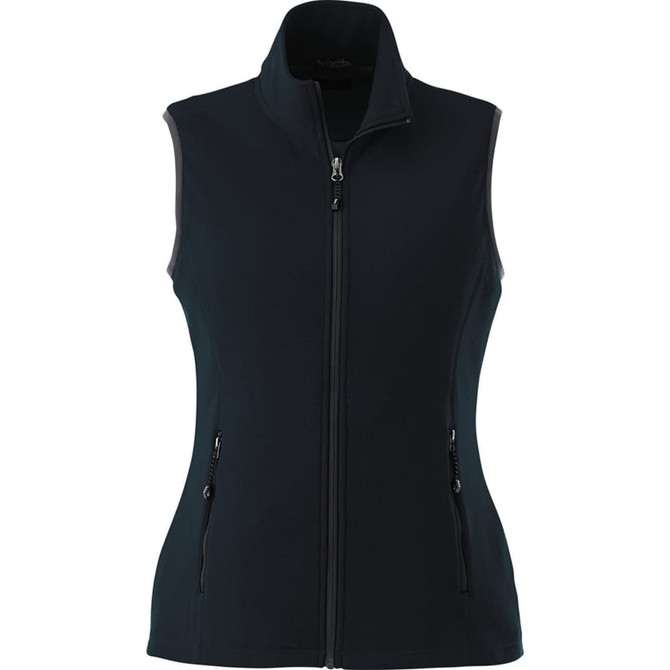 A women's sleeveless vest in black, featuring a zip front and two zipped side pockets. Includes a logo.