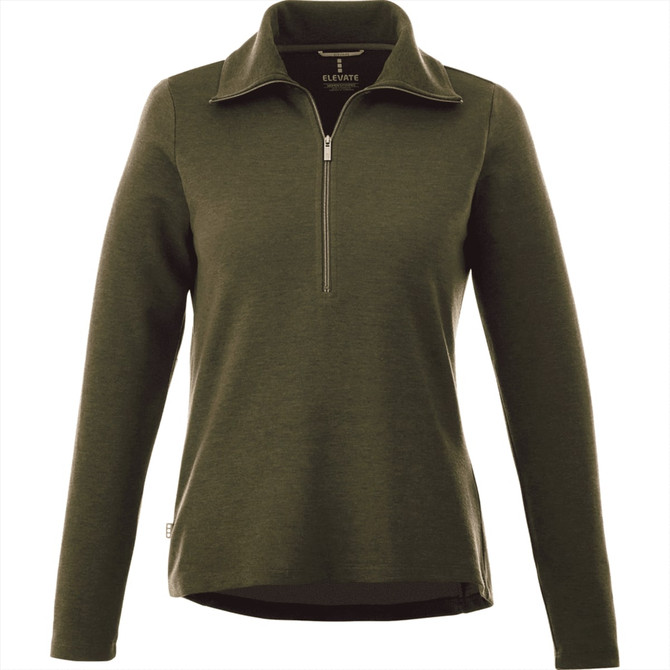 A knitted women's jumper in olive green with a half zip and long sleeves. It features a branding logo.
