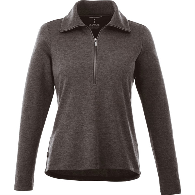 A women's knitted jumper in dark grey with a half zip and a collar. Features a logo on the upper.