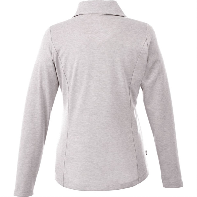 A light grey knitted jumper with a half zip and long sleeves, featuring a collar and a logo.
