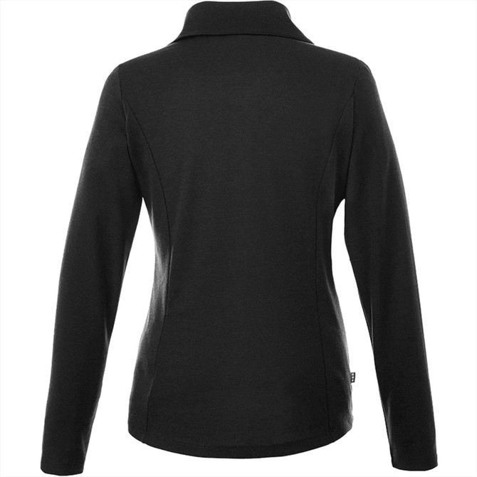 A black women's knitted jumper featuring a half zip and a high collar, with a logo on the side.