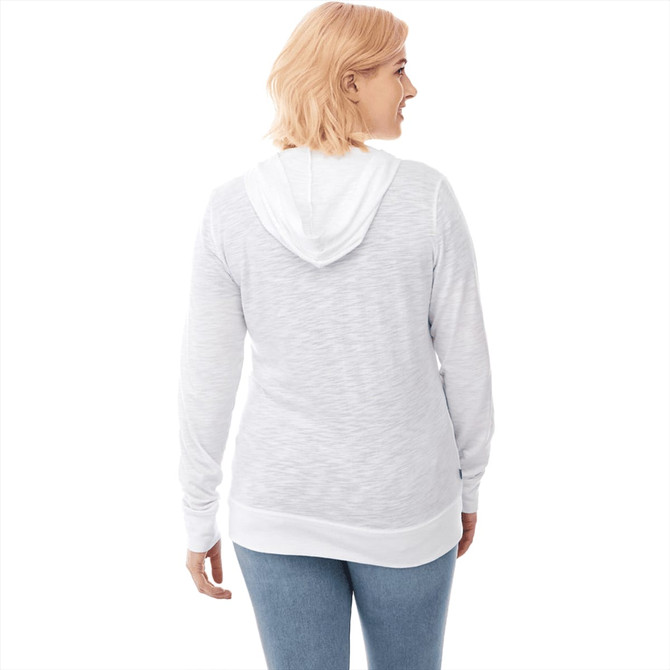 A women's full zip hoody in light grey with a hood and long sleeves, featuring a logo on the back.