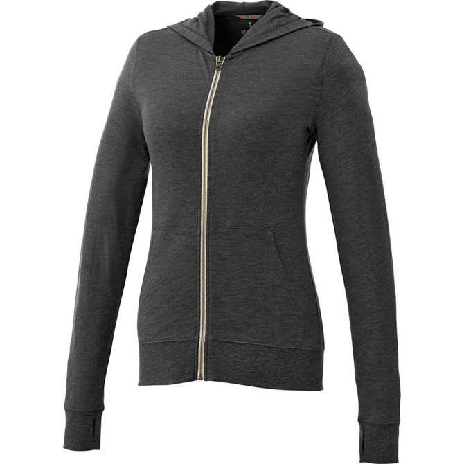 A women's grey full-zip hoodie with a hood and long sleeves, featuring a zip closure and a logo.