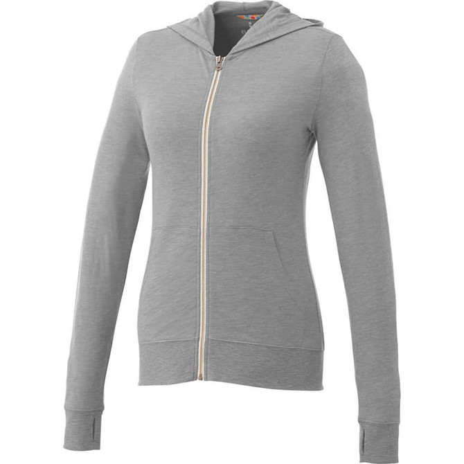 A grey women's knit full zip hoody featuring a hood and front pockets, with a logo on the design.