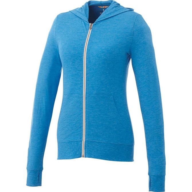 A blue women's full zip hoodie with a hood and long sleeves, featuring a logo.