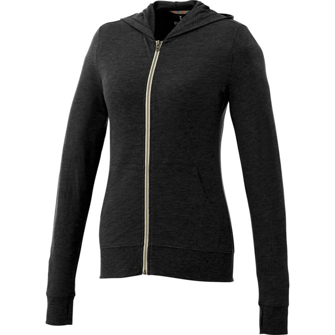 A women's full zip hoodie in dark grey with long sleeves and a hood, featuring a front pocket and a logo.