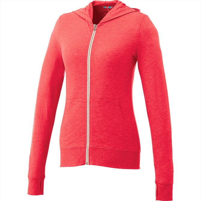 A red full zip hoodie for women with a hood and long sleeves, featuring a logo.