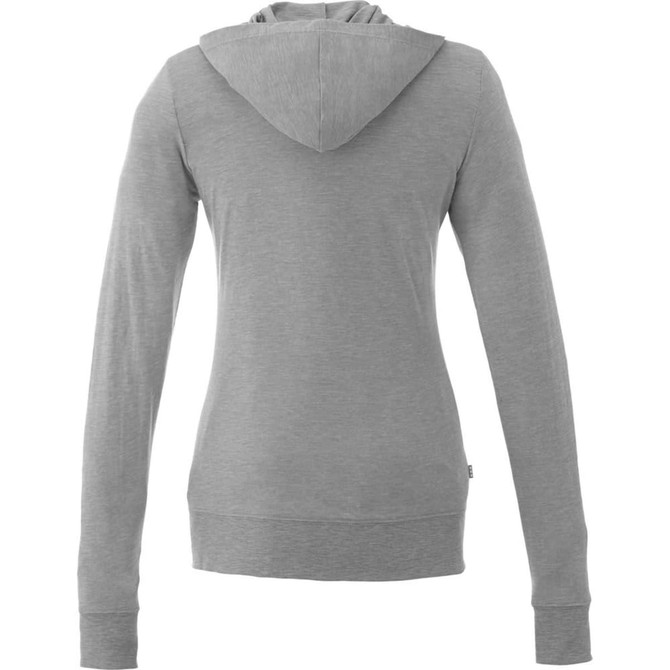 A grey women's full zip hoody with a hood and long sleeves, featuring a small logo on the hem.