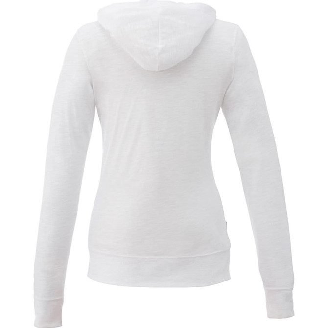 A white women's full zip hoodie with a hood and long sleeves, featuring a small logo on the back.