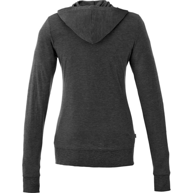 A women's full zip hoody in charcoal grey, featuring a hood and long sleeves, with a small logo.