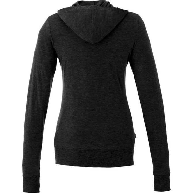 A women's full zip hoody in dark grey with a hood and long sleeves, featuring a logo.