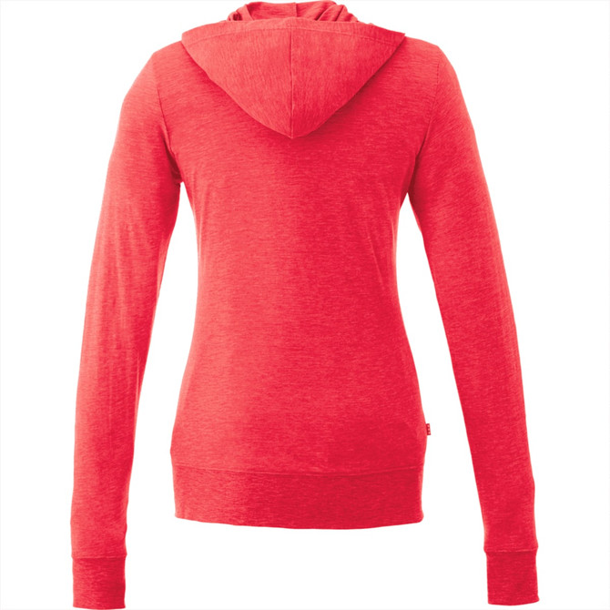 A red women's full zip hoodie featuring a hood and long sleeves, with a logo on the design.