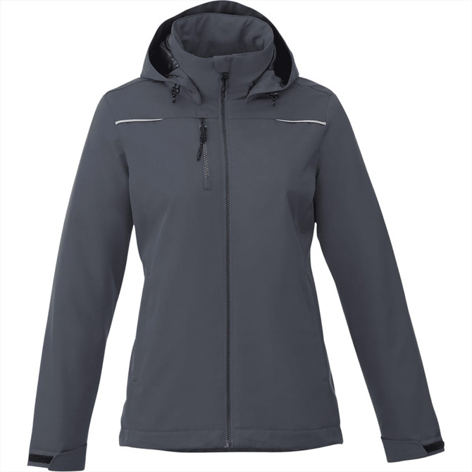 A women's fleece lined jacket in dark grey, featuring a hood and front zip with pockets. It has a logo on the sleeve.