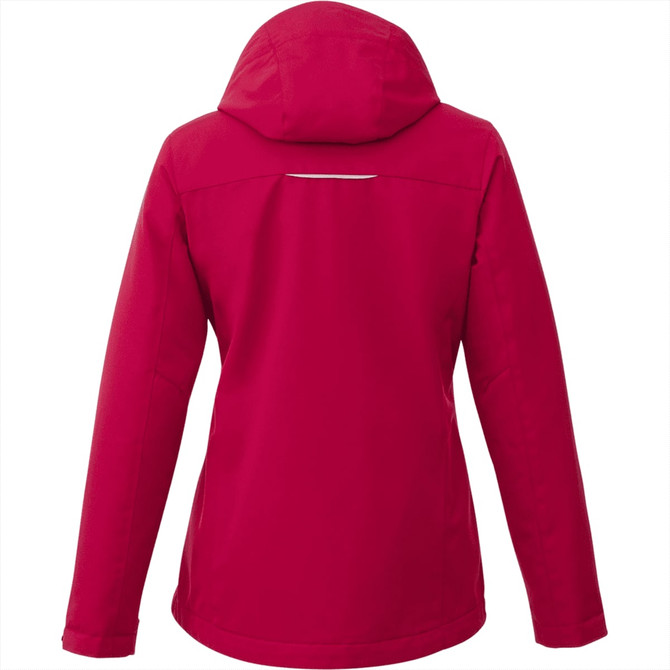 A women's fleece lined jacket in vibrant red, featuring a hood and a discreet logo on the back.