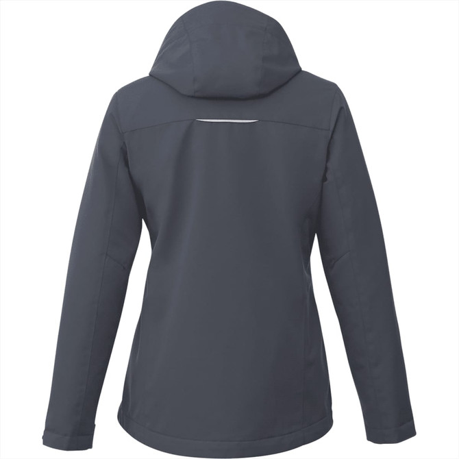 A women's fleece-lined jacket in dark grey with a hood and a branded logo on the back.