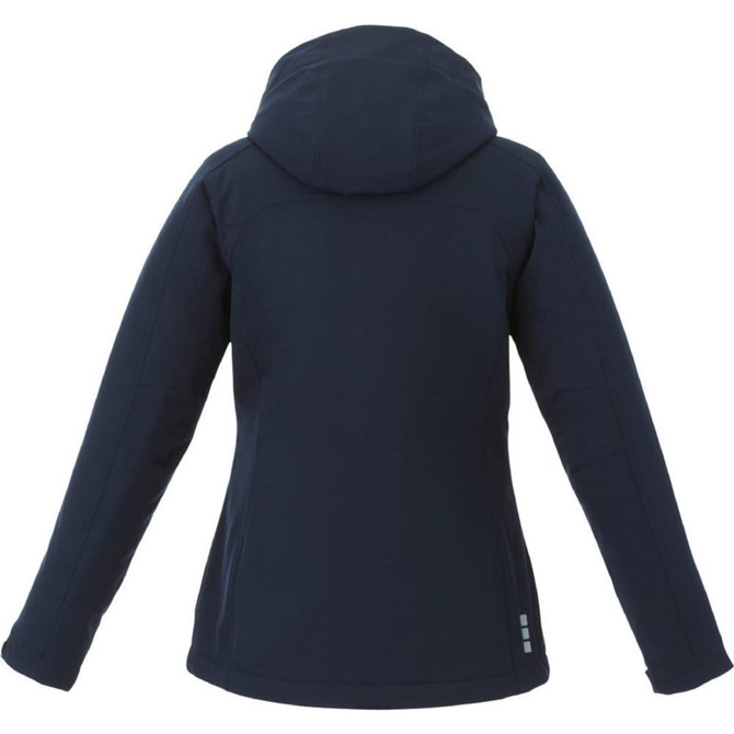 A women's softshell jacket in navy, featuring a hood and back view, with a logo on the fabric.