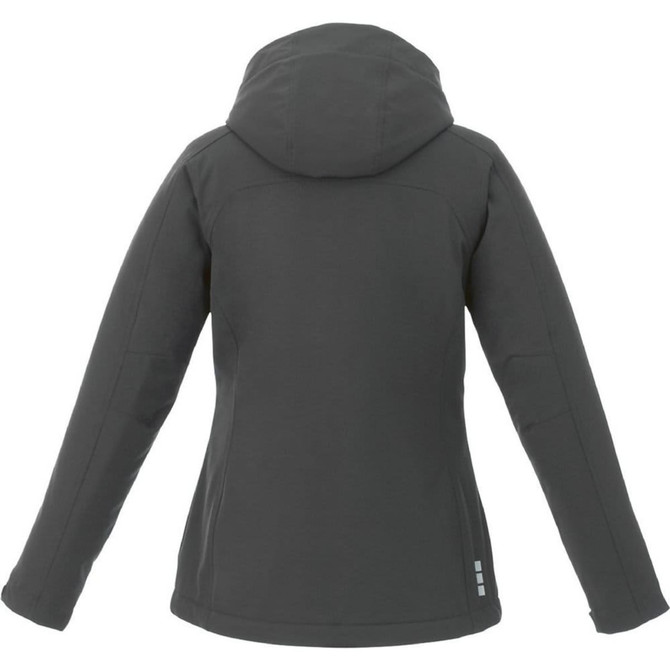 A women's softshell jacket in dark grey with a hood and a branded logo on the back.