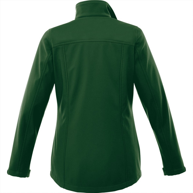 A women's softshell jacket in a dark green colour, featuring a high collar and a fitted design.