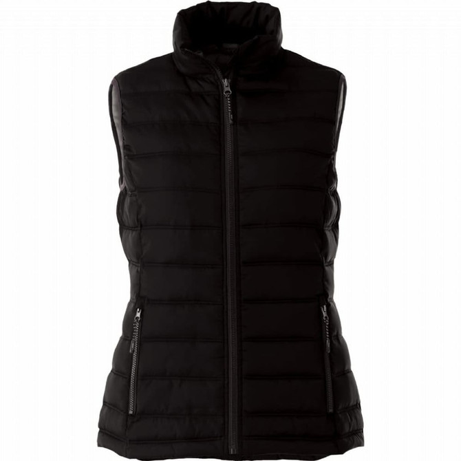 A black insulated vest with a high collar and zippered pockets. It features a sleek, padded design and has a logo.