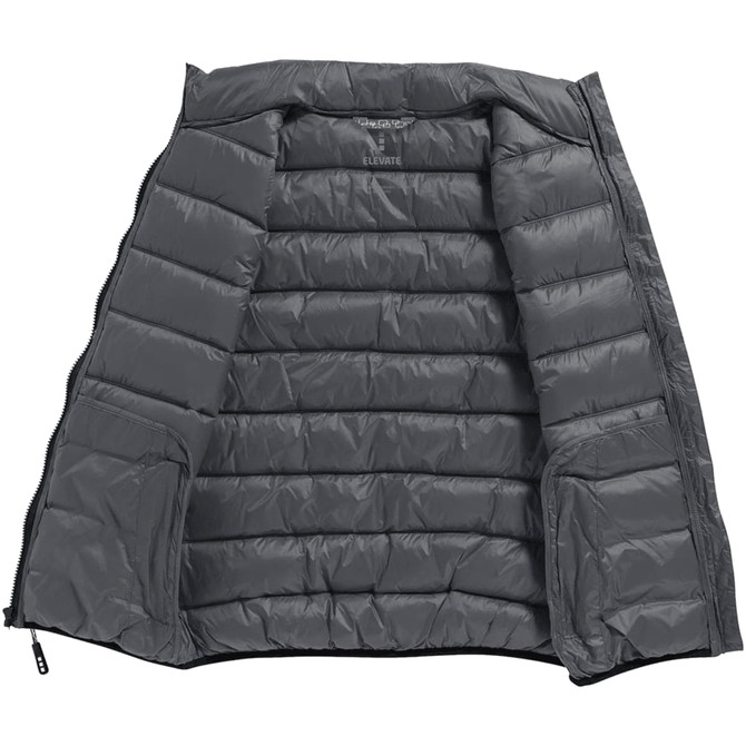A grey women's insulated vest with an open front, featuring quilted panels and pockets. It has a logo on the interior.