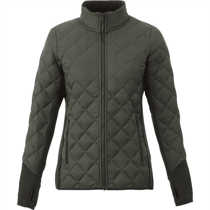 A women's insulated jacket in dark green with a quilted design, featuring front zippers and a high collar.