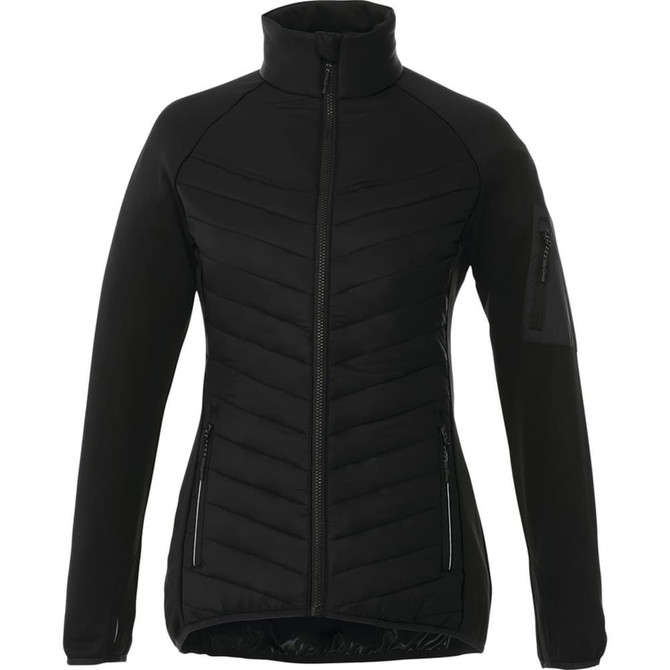 A women's black insulated jacket with a zip front, featuring a high collar and side pockets. It has a logo on the sleeve.