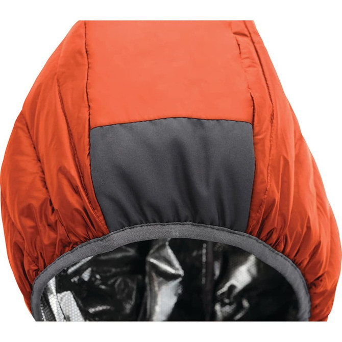 A packable women's jacket in orange and grey, featuring a hooded design. It has a logo on the fabric.