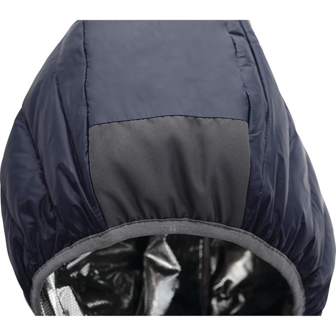 A hooded women's puffer jacket in navy blue, featuring a smooth, shiny interior and a logo on the exterior.
