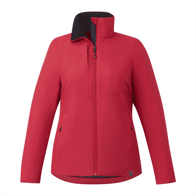 A red women's puffer jacket with a high collar and zip closure, featuring an interior lining and a branding logo.