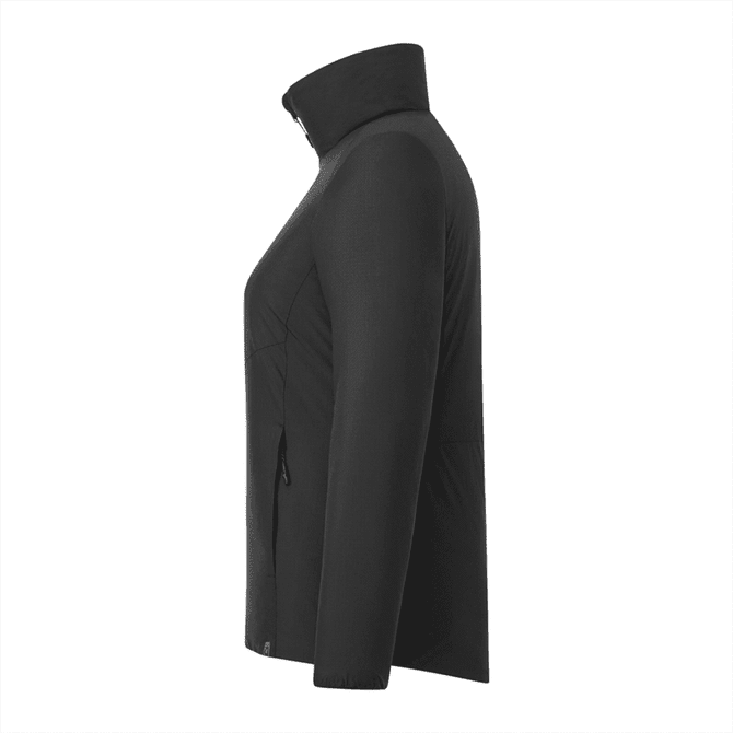 A women's insulated puffer jacket in black, featuring a zip closure and side pockets, with branding present.