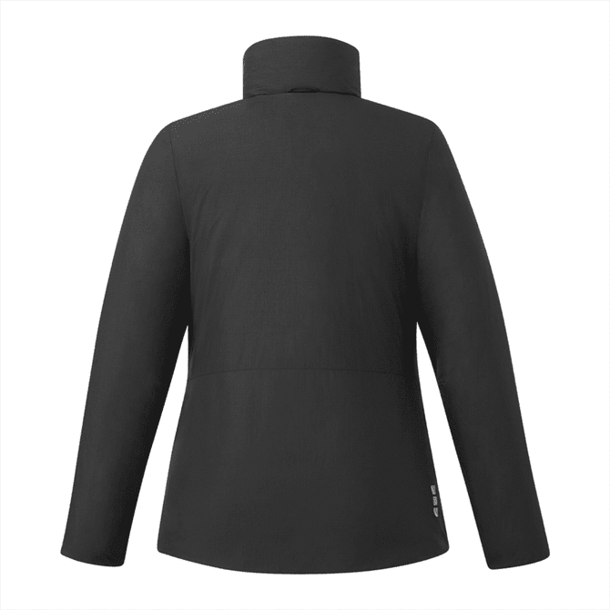 A women's insulated puffer jacket in black with a high collar and long sleeves, featuring a logo on the side.