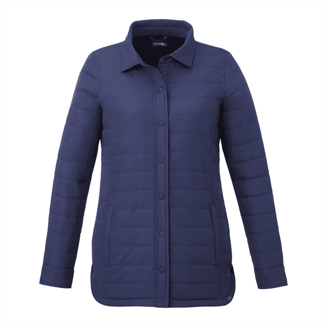 A navy insulated shacket for women, featuring a button-up front and a sleek, quilted design. It has a brand logo.