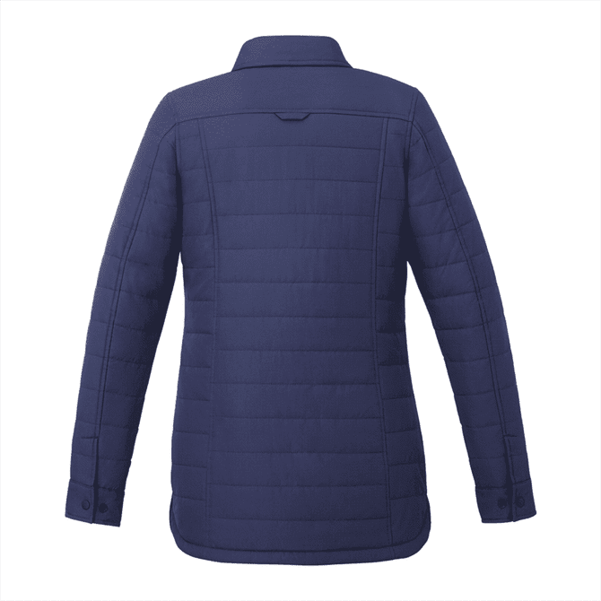 A navy insulated shacket with a structured design, featuring long sleeves and a collar, along with a logo.