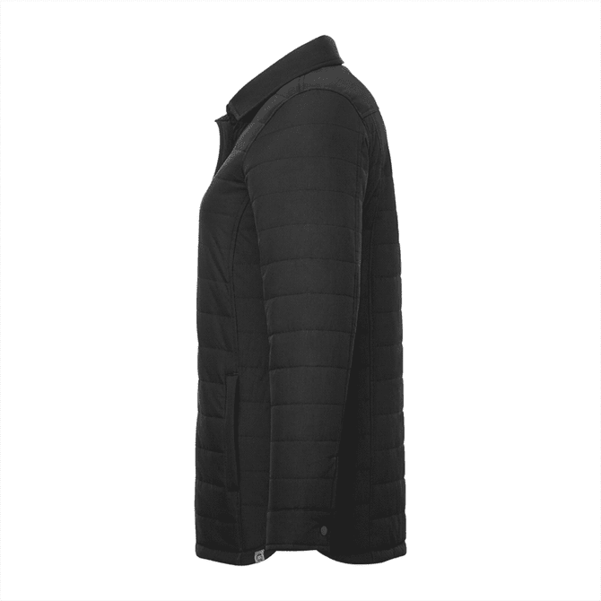 A black insulated shacket for women, featuring a collared design and side pockets, with a logo on the hem.