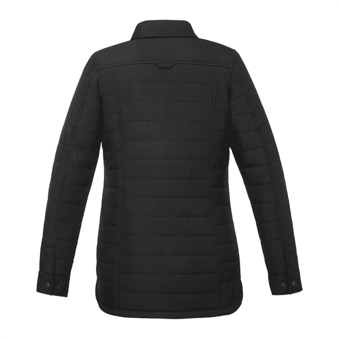 A black insulated women's shacket with a quilted design and a collar, featuring buttons on the sleeves.