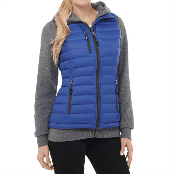 A women's blue down vest with a hood, featuring a zippered front and side pockets. It has a logo on the chest.