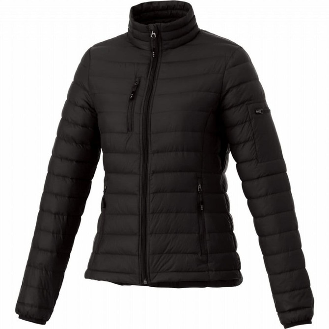 A black women's puffer jacket with a zippered front and pockets, featuring a branded logo on the sleeve.