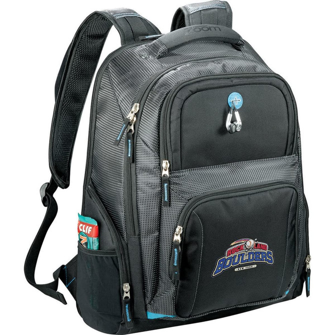 A black laptop backpack with padded straps, multiple compartments, and a logo. Features a mesh fabric design and blue accents.