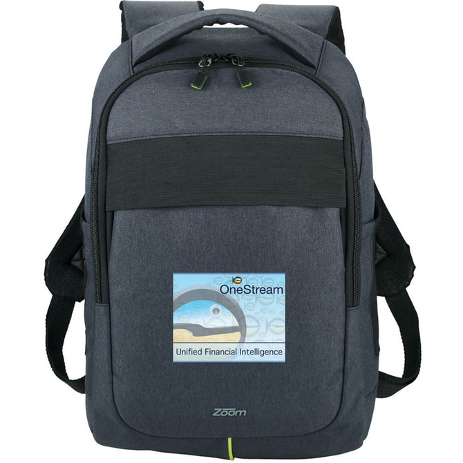 A grey laptop backpack with adjustable straps and a logo, featuring a sleek design and a front pocket.