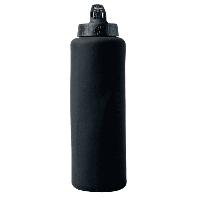 A black drink bottle with a screw-on lid and a fitted grip. It features a logo on the side.