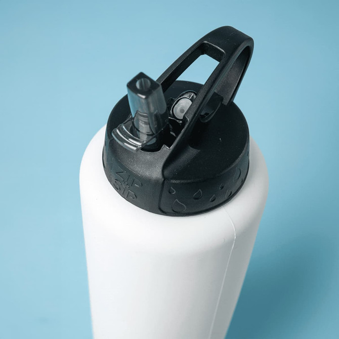 A drink bottle in white with a black screw-top lid and a spout, featuring a logo on the lid.
