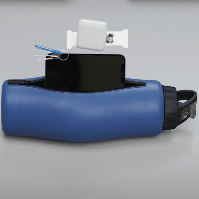 A drink bottle in blue with a phone slot and a logo. Features a convenient design for easy access.