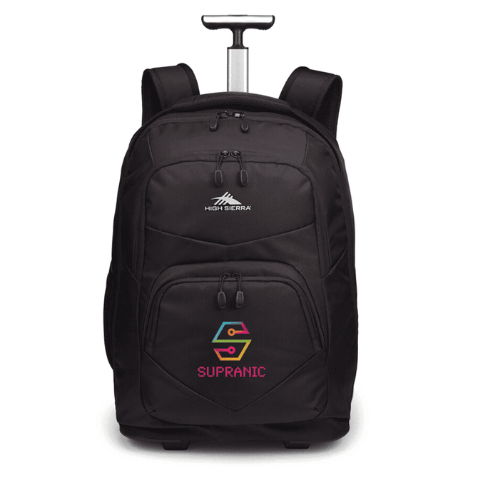 A black wheeled backpack with dual zippered compartments, adjustable straps, and a retractable handle.