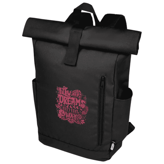 A black roll-top backpack with a pink printed design and side pockets. It features a logo on the front.