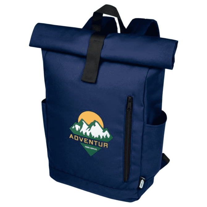 A navy roll-top backpack with a logo, featuring a spacious main compartment and side pockets.