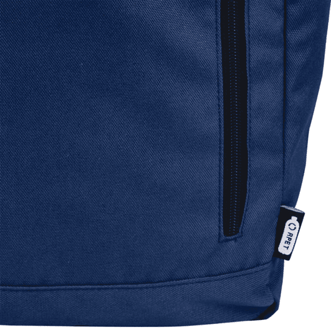 A blue roll-top backpack with a zippered pocket and a small logo tag on the side.