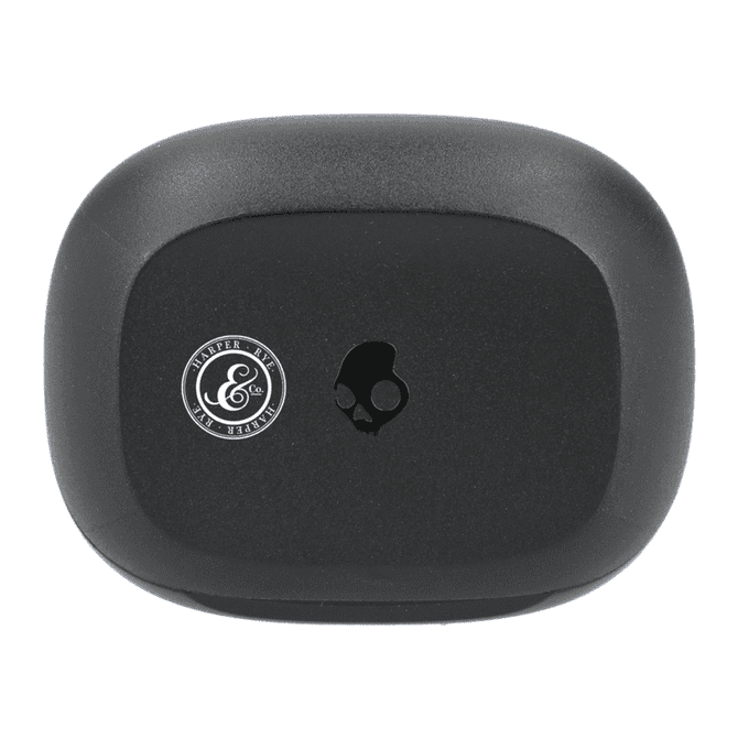 A black charging case for Skullcandy Smokin' Buds earbuds featuring a logo on the front.