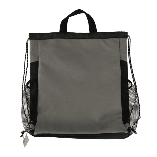 A grey drawstring bag with black mesh side pockets and a top handle, featuring a logo.