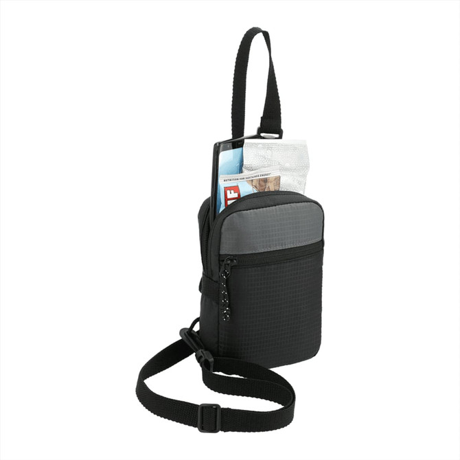 A black and grey recycled crossbody pouch with a zipper pocket and adjustable strap, featuring a logo.
